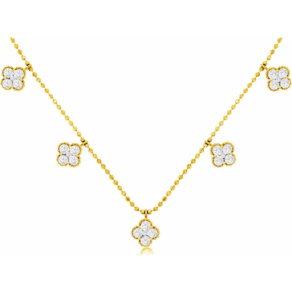 14K Yellow Gold 7-Station Quatrefoil Diamond Necklace with Beaded Chain and Milgrain Detail - 1.06 Carat Total Diamond Weight - Royal Jewelry