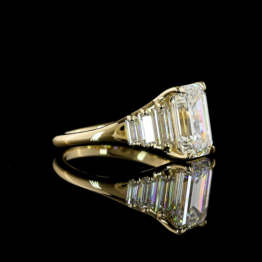 14K Yellow Gold 7 Stone Ring with 3.08 Carat Emerald Cut Lab Diamond and Baguette Accents - 3.97 Total Carat Weight - Covaloro Fine Jewelry