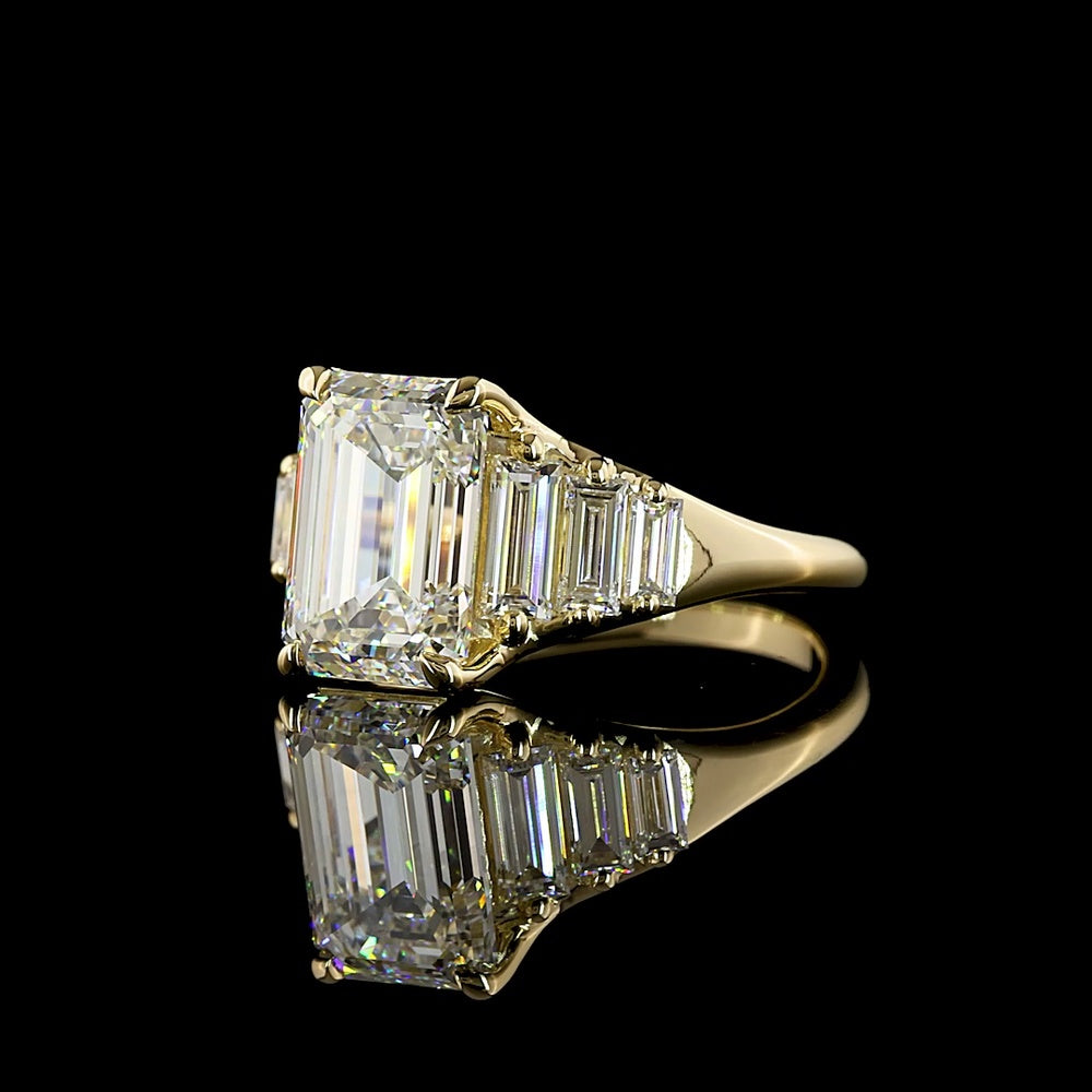 14K Yellow Gold 7 Stone Ring with 3.08 Carat Emerald Cut Lab Diamond and Baguette Accents - 3.97 Total Carat Weight - Covaloro Fine Jewelry