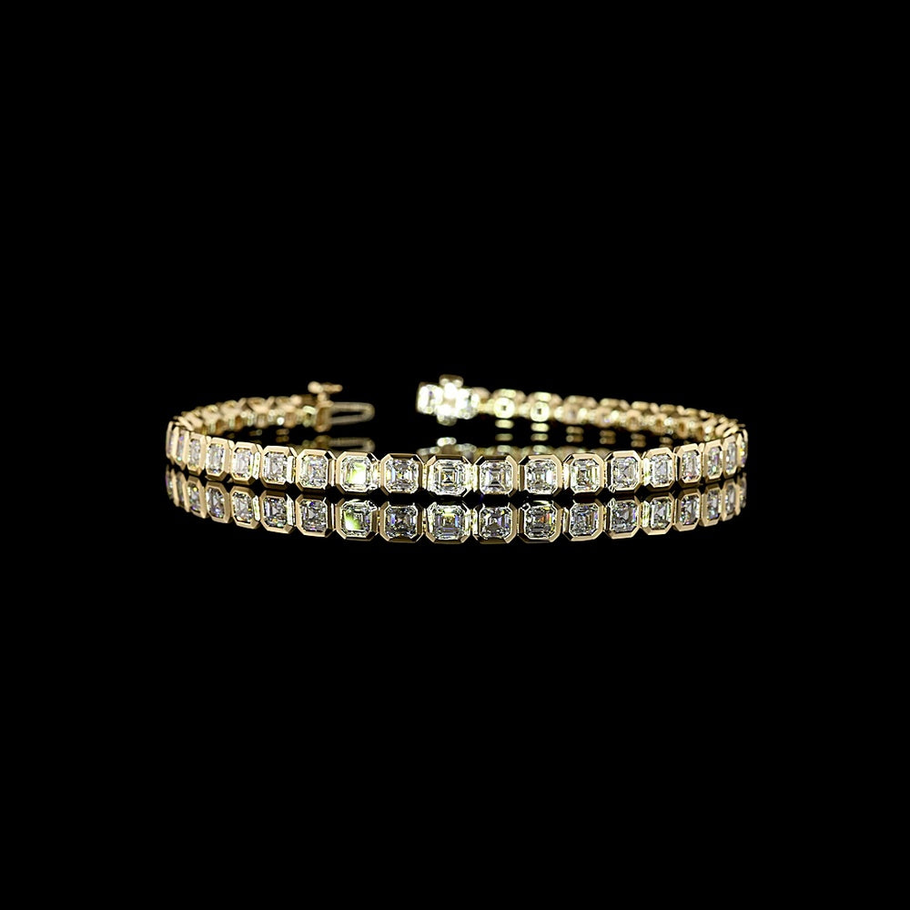 14K Yellow Gold 7" Tennis Bracelet with Bezel Set Asscher Cut Lab Grown Diamonds - 7.00 Carat Total Weight, E-F Color, VS1 Clarity - Covaloro Fine Jewelry
