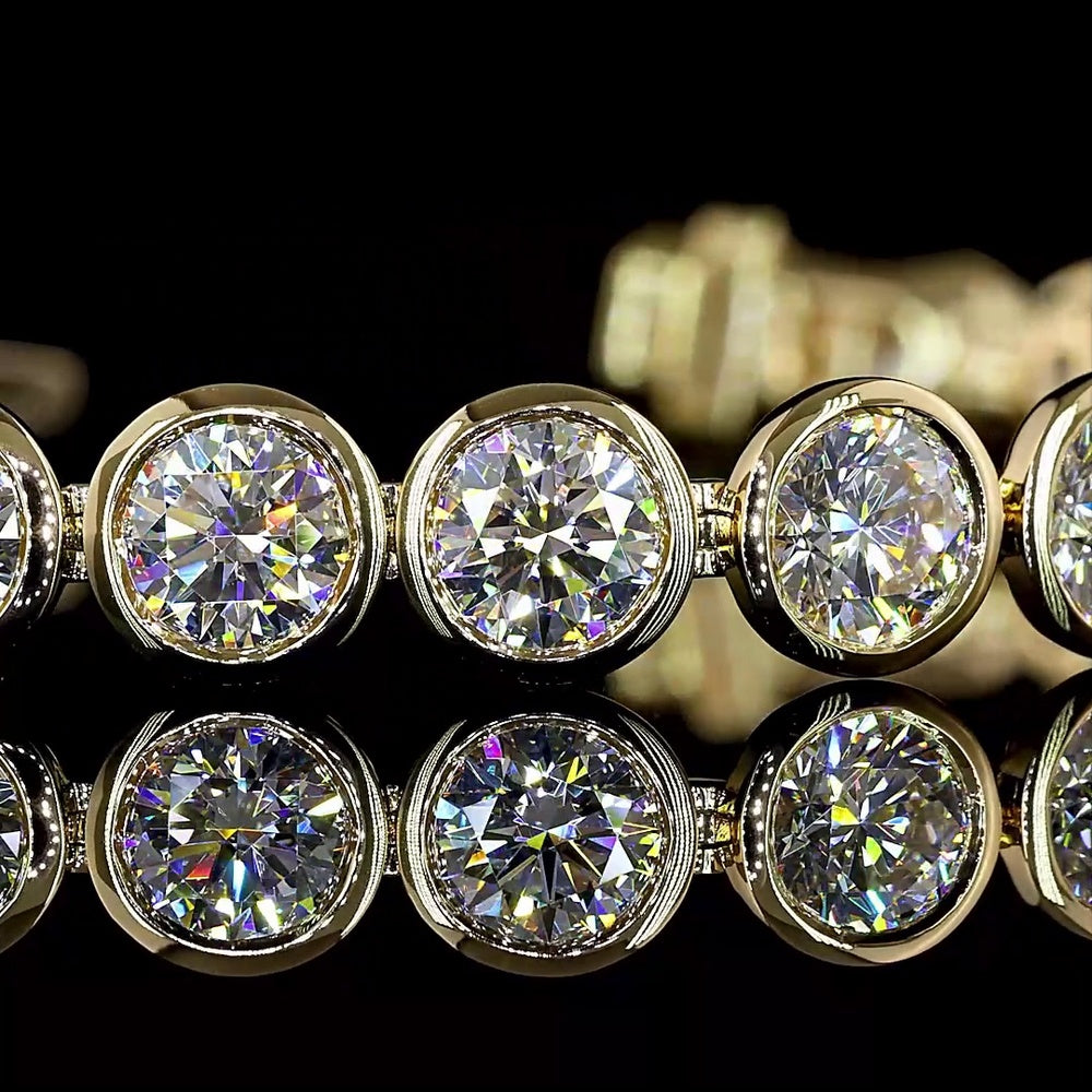 14K Yellow Gold 7" Tennis Bracelet with Bezel Set Round Lab Diamonds - 13.38 Carats Total Diamond Weight, E-F Color, VS Clarity - Covaloro Fine Jewelry