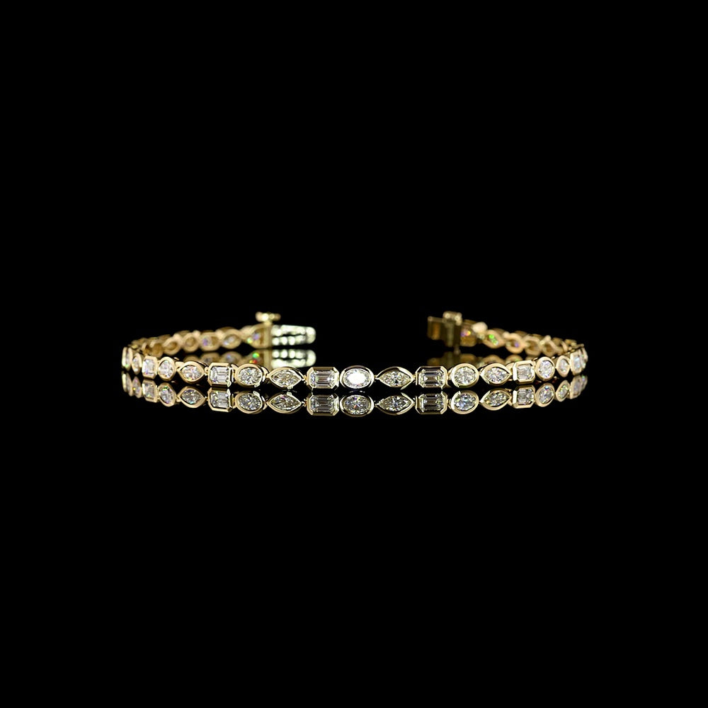 14K Yellow Gold 7" Tennis Bracelet with Mixed Shape Bezel-Set Lab Diamonds (Emerald, Marquise & Oval) - 2.45 Carats Total Diamond Weight - Covaloro Fine Jewelry
