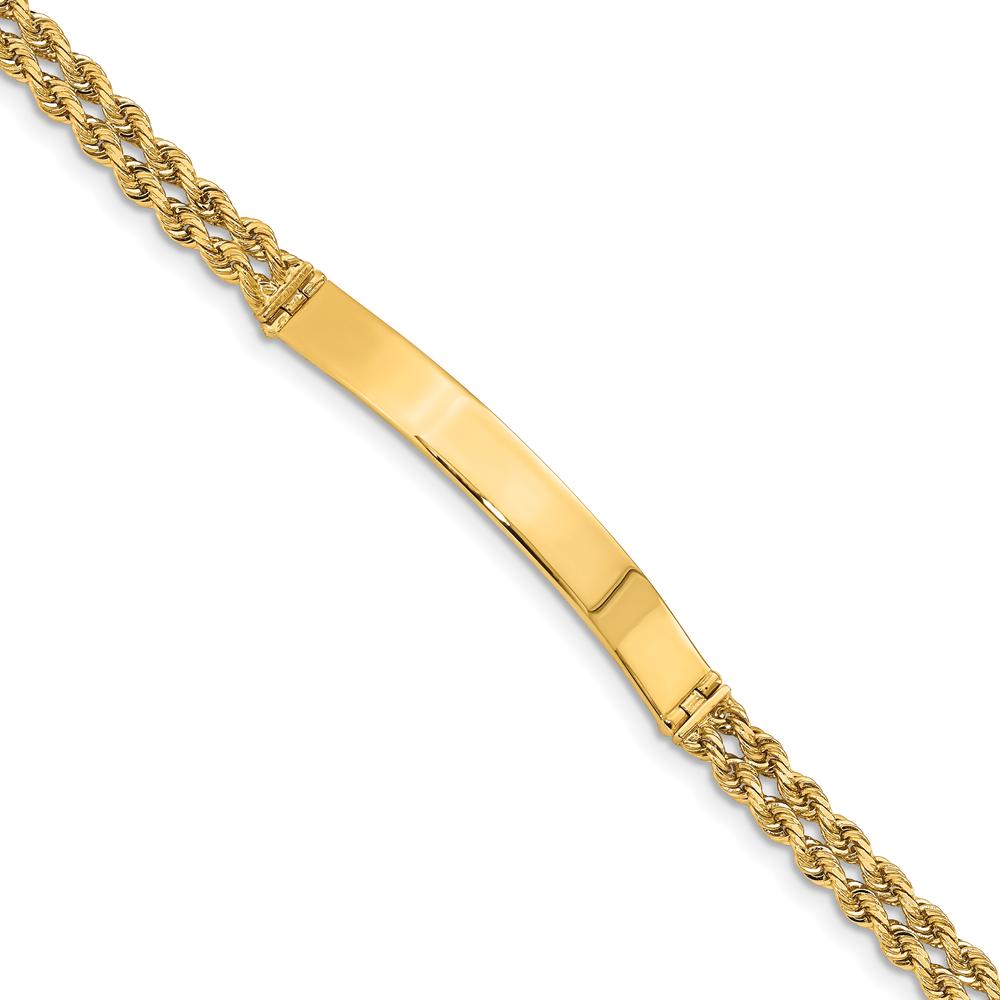 14K Yellow Gold 7" Two-Strand Diamond-Cut Rope ID Bracelet with Polished Engravable Plate