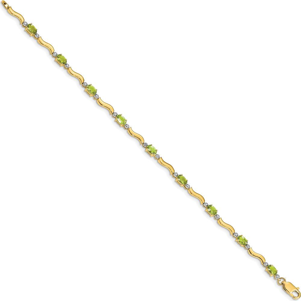14K Yellow Gold 7" Wavy Link Bracelet with Oval Peridot and Round Diamonds - 0.25 Carats Total Peridot Weight by Monteluci Fine Jewelry