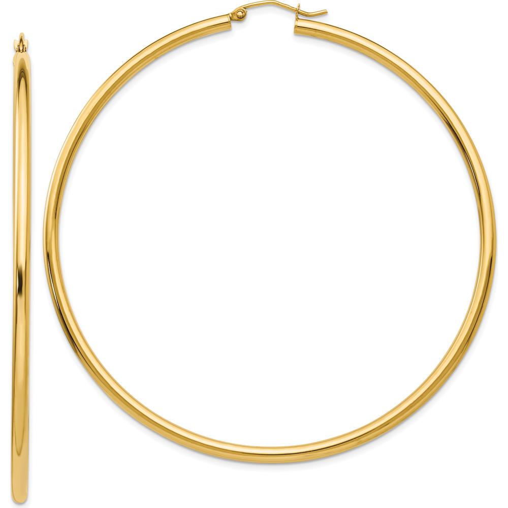 14K Yellow Gold 70mm Polished Round Tube Hoop Earrings - Elegant & Timeless Design by 0
