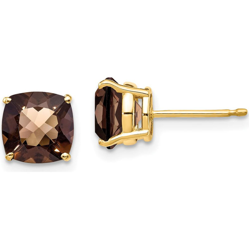 14K Yellow Gold 7mm Cushion Checker-Cut Smoky Quartz Stud Earrings - 1.35 Carat Total Gem Weight by Monteluci Fine Jewelry