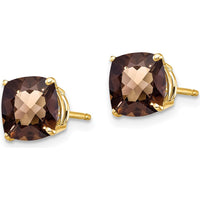 14K Yellow Gold 7mm Cushion Checker-Cut Smoky Quartz Stud Earrings - 1.35 Carat Total Gem Weight by Monteluci Fine Jewelry