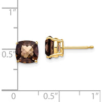14K Yellow Gold 7mm Cushion Checker-Cut Smoky Quartz Stud Earrings - 1.35 Carat Total Gem Weight by Monteluci Fine Jewelry