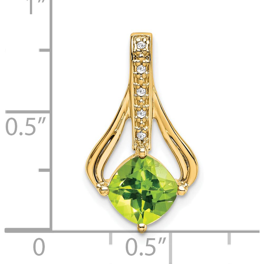 14K Yellow Gold 7mm Cushion Peridot and Diamond Pendant - 1.31 Carat Total Peridot Weight, 0.025 Carat Total Diamond Weight by Lumare Gioia