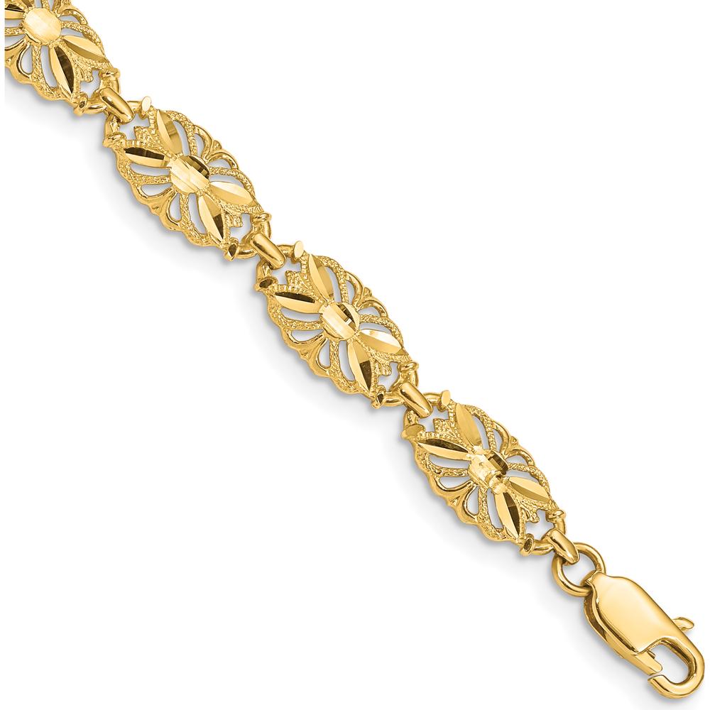 14K Yellow Gold 7mm Diamond-Cut Filigree Oval Link Bracelet - 7" Length by Oro Pregiato