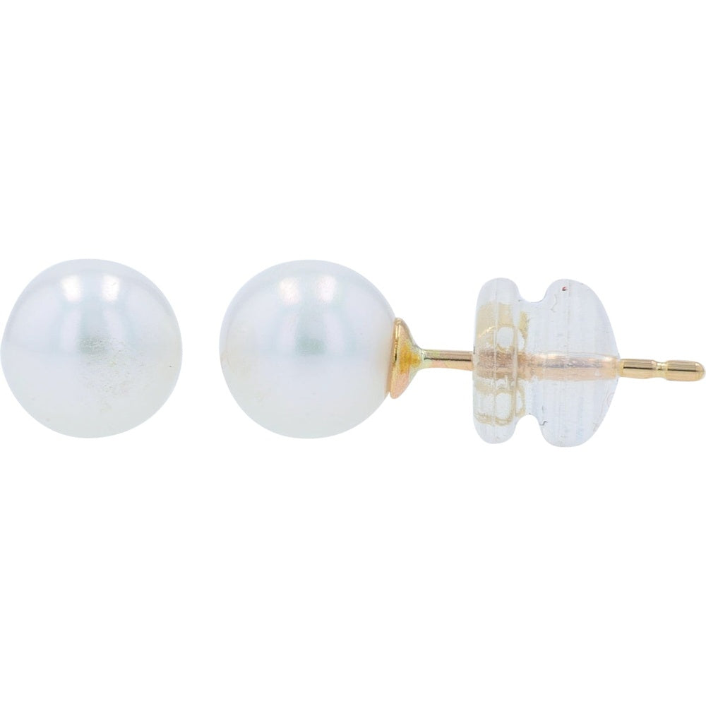 14K Yellow Gold 7mm Freshwater Pearl Stud Earrings - Classic Round Pearl Studs for Women