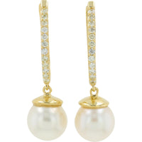 14K Yellow Gold 7mm Pearl Earrings with Diamond-Accented Huggie Hoops - 0.18 Carat Total Diamond Weight