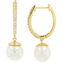 14K Yellow Gold 7mm Pearl Earrings with Diamond-Accented Huggie Hoops - 0.18 Carat Total Diamond Weight