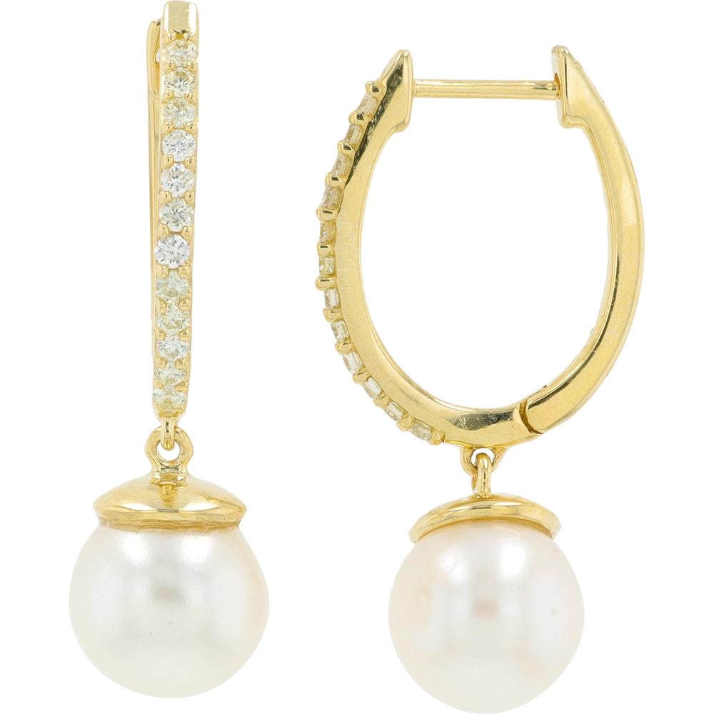 14K Yellow Gold 7mm Pearl Earrings with Diamond-Accented Huggie Hoops - 0.18 Carat Total Diamond Weight