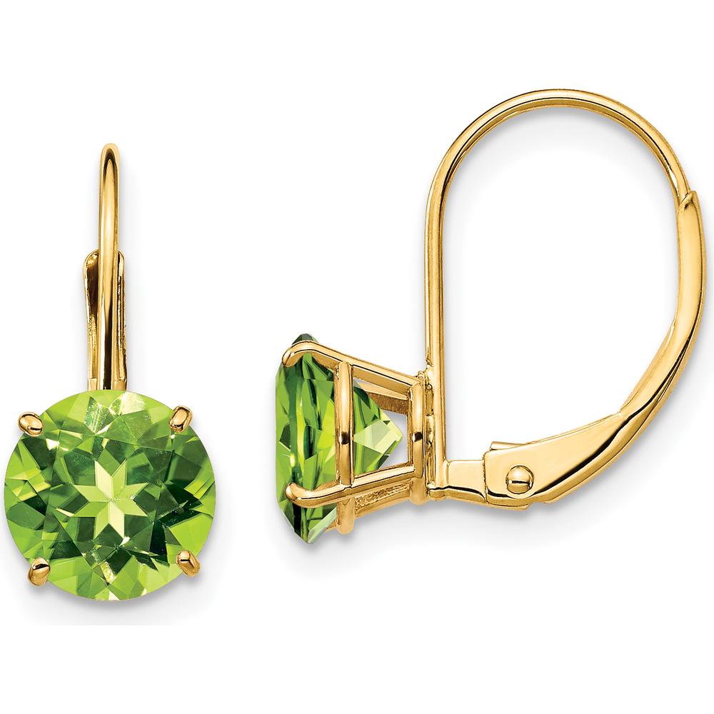 14K Yellow Gold 7mm Peridot Leverback Drop Earrings - 1.43 Carat Total Peridot Weight by Monteluci Fine Jewelry