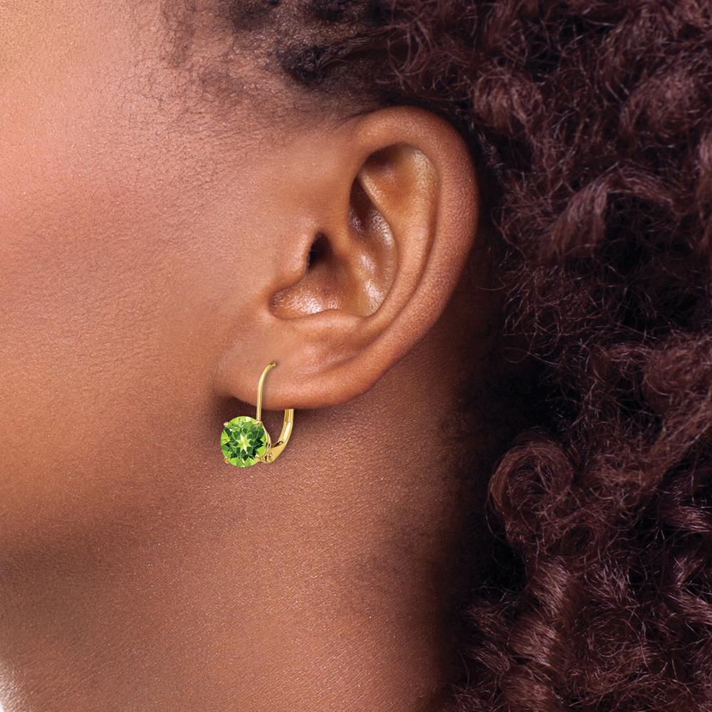 14K Yellow Gold 7mm Peridot Leverback Drop Earrings - 1.43 Carat Total Peridot Weight by Monteluci Fine Jewelry