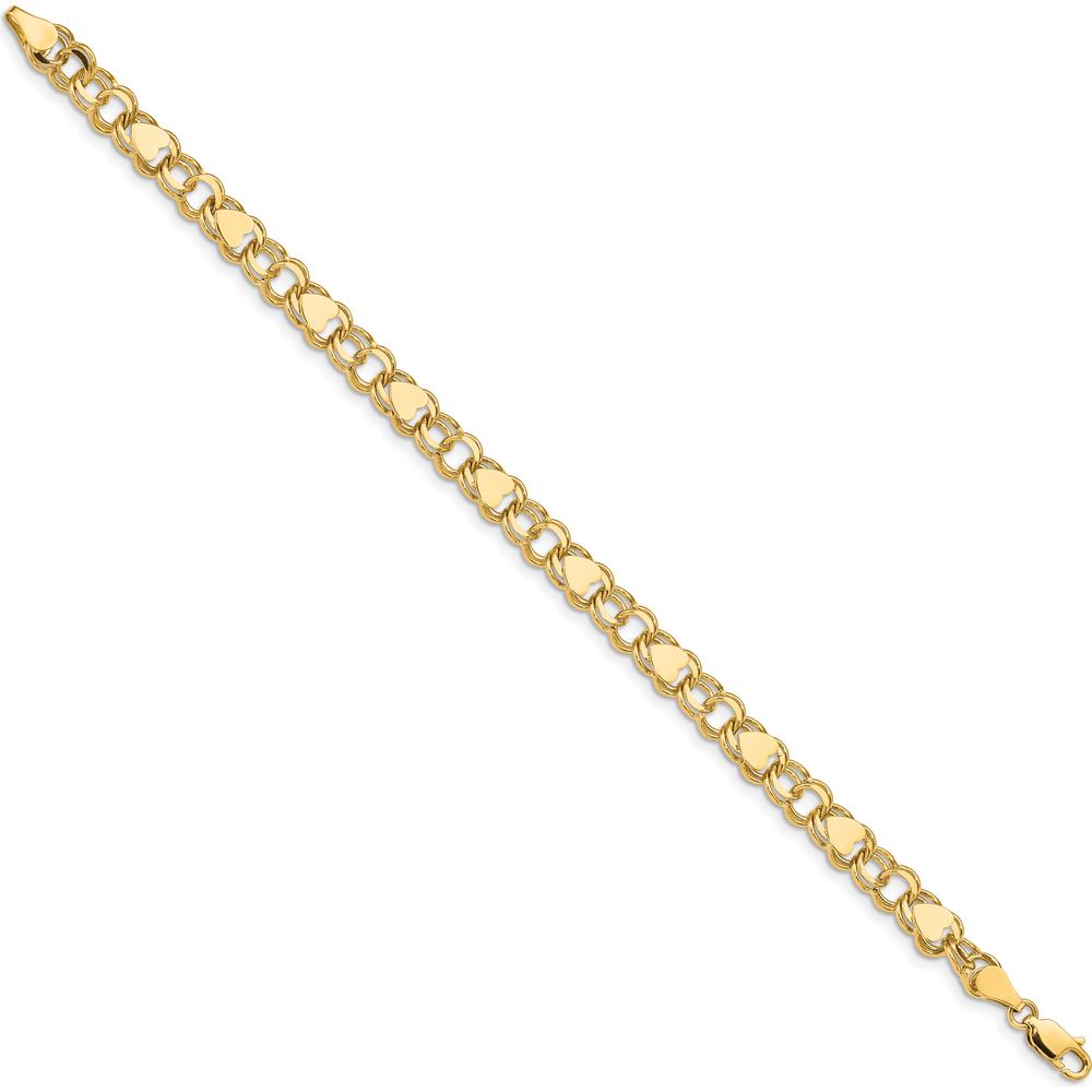 14K Yellow Gold 7mm Solid Double Link with Hearts 7" Charm Bracelet by Oro Pregiato
