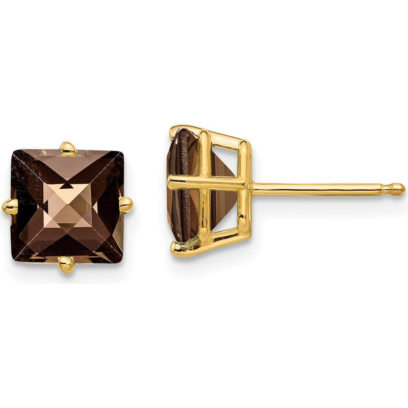 14K Yellow Gold 7mm Square Checker-Cut Smoky Quartz Stud Earrings - 1.75 Carat Total Quartz Weight by Monteluci Fine Jewelry