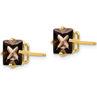 14K Yellow Gold 7mm Square Checker-Cut Smoky Quartz Stud Earrings - 1.75 Carat Total Quartz Weight by Monteluci Fine Jewelry