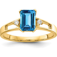 14K Yellow Gold 7x5mm Emerald Cut Swiss Blue Topaz and Round Diamond Ring - 1.32 Carat Total Gemstone Weight by Monteluci Fine Jewelry