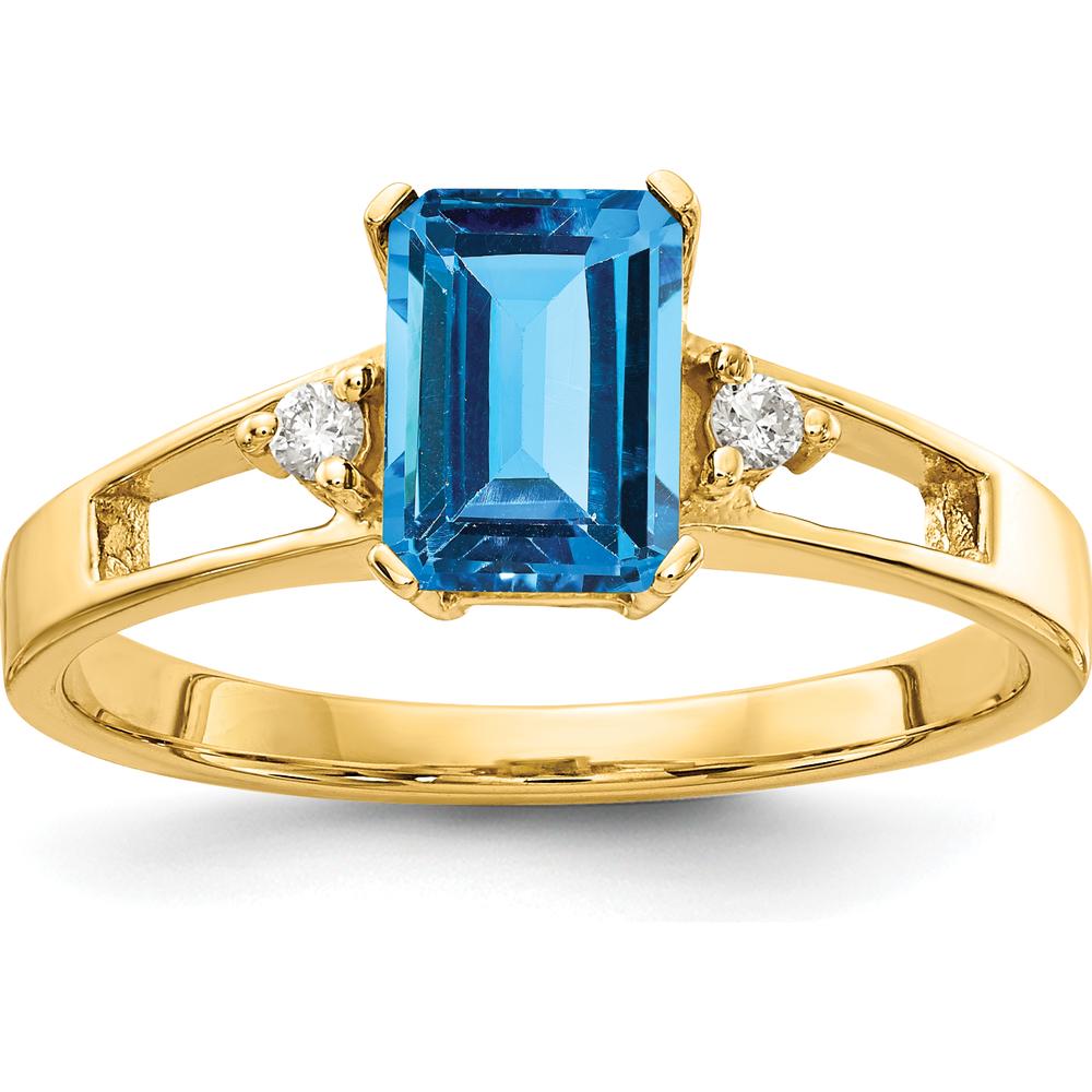 14K Yellow Gold 7x5mm Emerald Cut Swiss Blue Topaz and Round Diamond Ring - 1.32 Carat Total Gemstone Weight by Monteluci Fine Jewelry