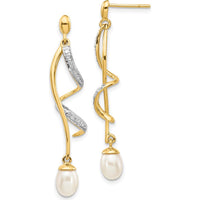 14K Yellow Gold 7x5mm Freshwater Pearl and Round Diamond Teardrop Dangle Earrings - 0.01 Carat Total Diamond Weight by Monteluci Fine Jewelry