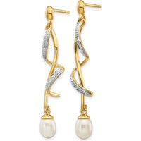 14K Yellow Gold 7x5mm Freshwater Pearl and Round Diamond Teardrop Dangle Earrings - 0.01 Carat Total Diamond Weight by Monteluci Fine Jewelry