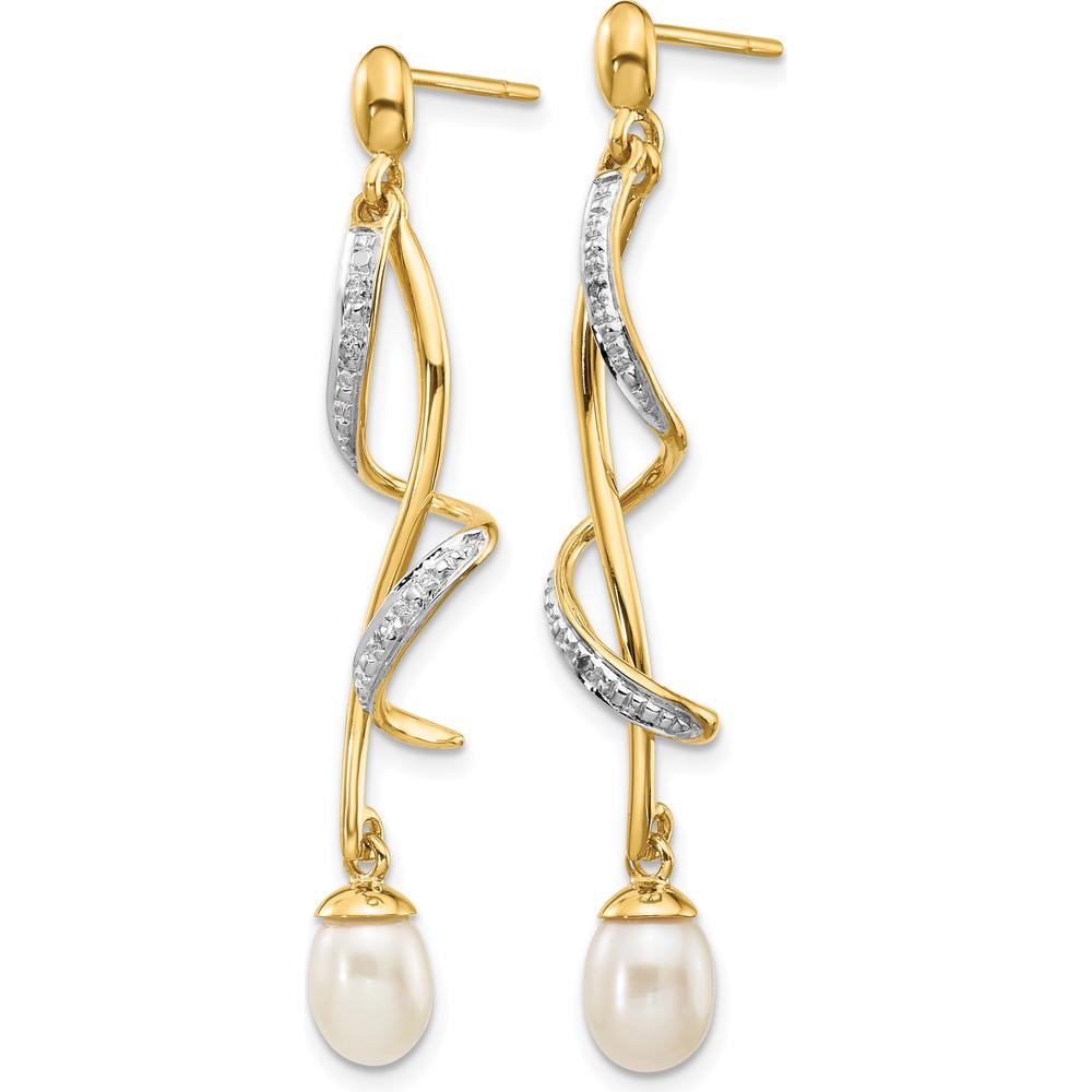 14K Yellow Gold 7x5mm Freshwater Pearl and Round Diamond Teardrop Dangle Earrings - 0.01 Carat Total Diamond Weight by Monteluci Fine Jewelry