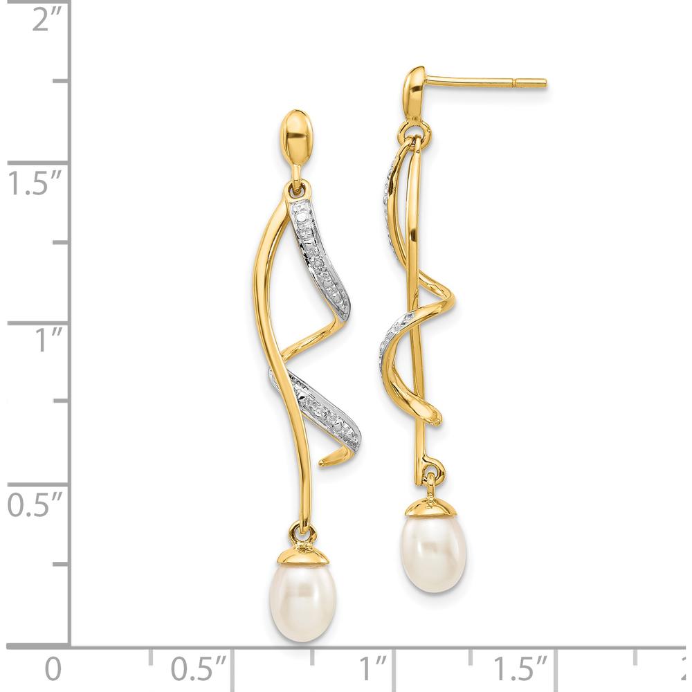 14K Yellow Gold 7x5mm Freshwater Pearl and Round Diamond Teardrop Dangle Earrings - 0.01 Carat Total Diamond Weight by Monteluci Fine Jewelry