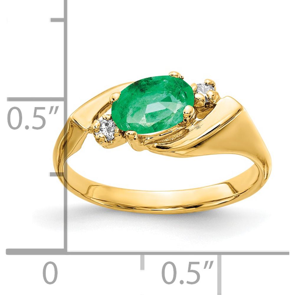 14K Yellow Gold 7x5mm Oval Emerald and Round Diamond Three-Stone Ring - 0.78 Carat Emerald, 0.028 Carat Total Diamond Weight by Monteluci Fine Jewelry