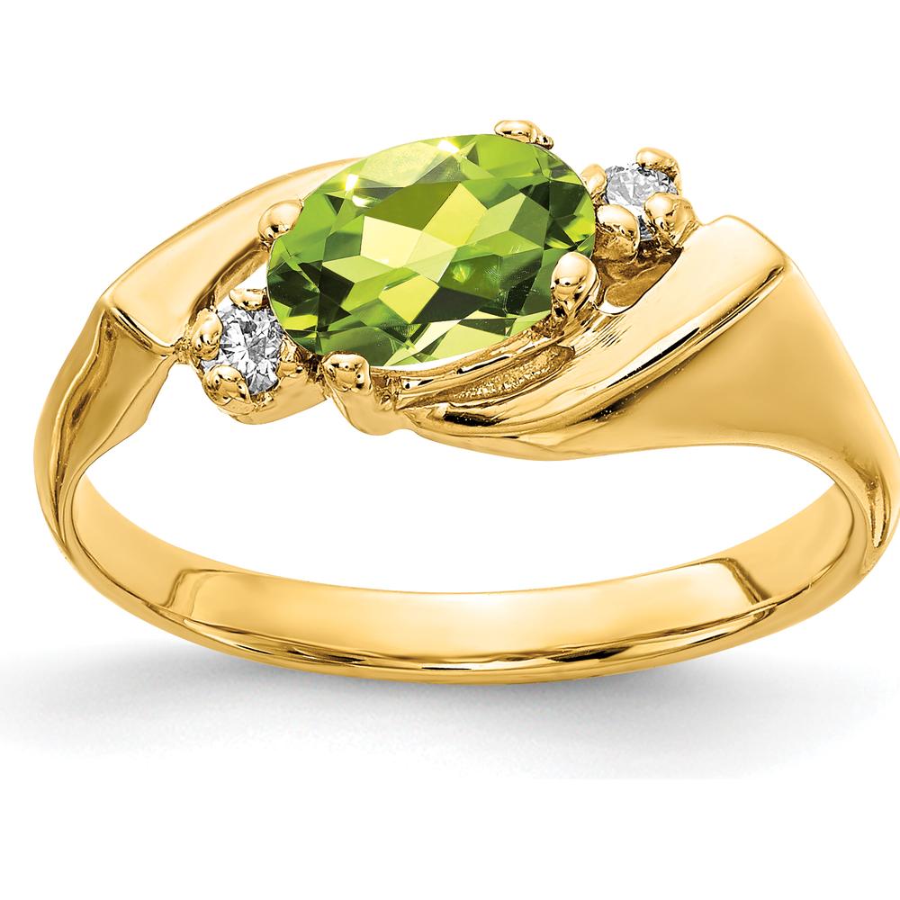 14K Yellow Gold 7x5mm Oval Peridot and Diamond 3-Stone Ring - 0.85 Carat Peridot, 0.028 Carat Total Diamond Weight by Monteluci Fine Jewelry