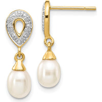 14K Yellow Gold 7x5mm White Teardrop Freshwater Pearl and Diamond Dangle Earrings - 0.01 Carat Total Diamond Weight by Monteluci Fine Jewelry