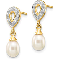 14K Yellow Gold 7x5mm White Teardrop Freshwater Pearl and Diamond Dangle Earrings - 0.01 Carat Total Diamond Weight by Monteluci Fine Jewelry
