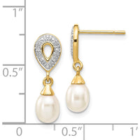14K Yellow Gold 7x5mm White Teardrop Freshwater Pearl and Diamond Dangle Earrings - 0.01 Carat Total Diamond Weight by Monteluci Fine Jewelry
