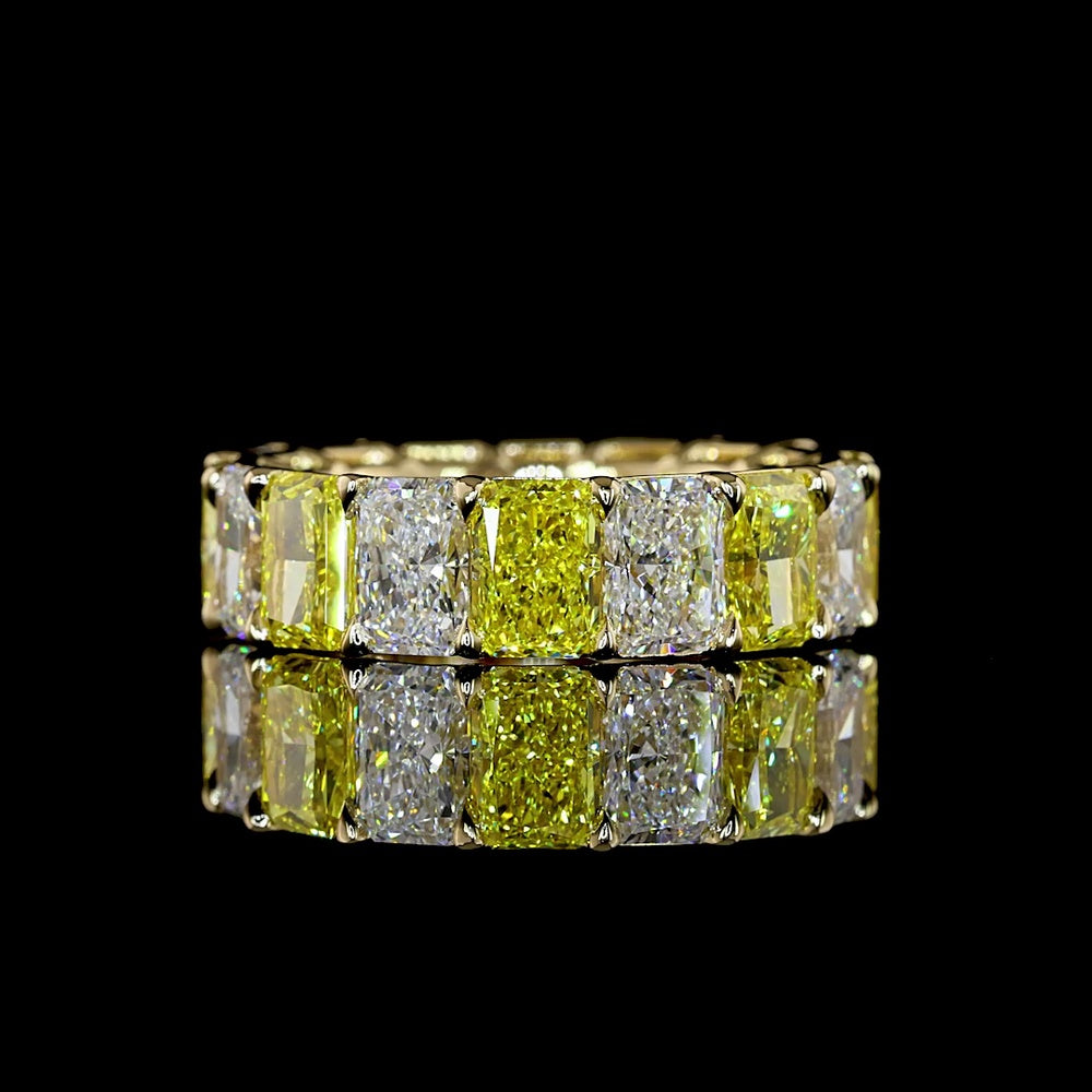 14K Yellow Gold 8.4 Carat Radiant Cut Eternity Band with Alternating Fancy Vivid Yellow and Colorless Lab Diamonds - North-South Prong Set, 16 Stones Total - Covaloro Fine Jewelry