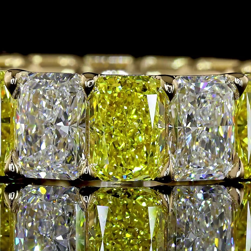 14K Yellow Gold 8.4 Carat Radiant Cut Eternity Band with Alternating Fancy Vivid Yellow and Colorless Lab Diamonds - North-South Prong Set, 16 Stones Total - Covaloro Fine Jewelry