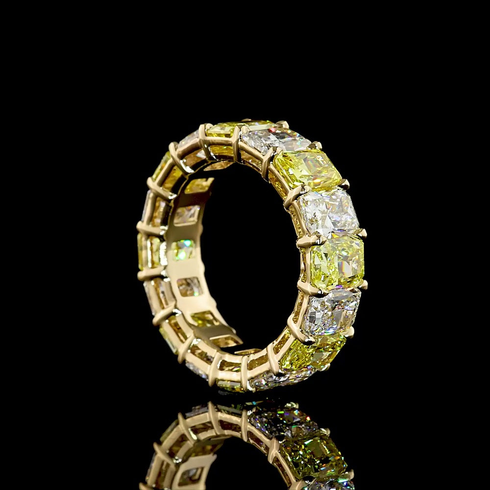 14K Yellow Gold 8.4 Carat Radiant Cut Eternity Band with Alternating Fancy Vivid Yellow and Colorless Lab Diamonds - North-South Prong Set, 16 Stones Total - Covaloro Fine Jewelry