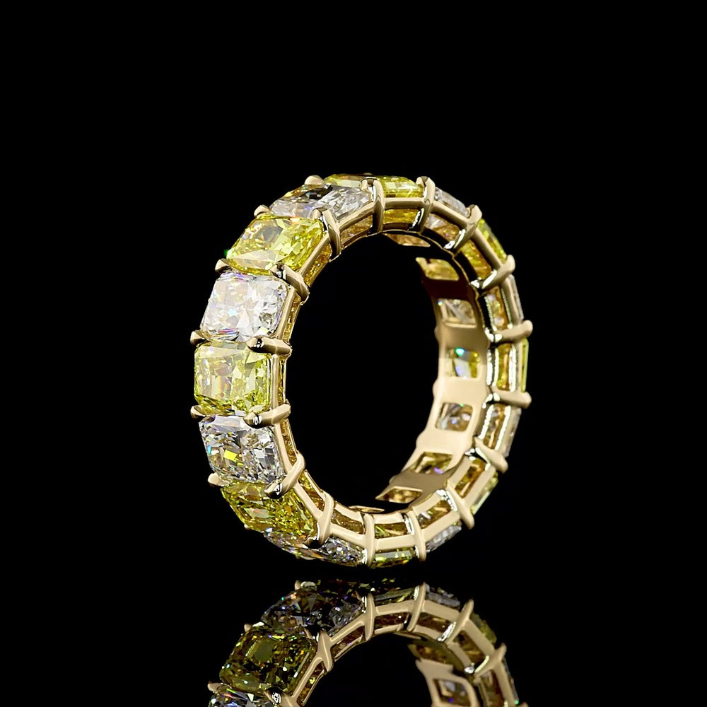 14K Yellow Gold 8.4 Carat Radiant Cut Eternity Band with Alternating Fancy Vivid Yellow and Colorless Lab Diamonds - North-South Prong Set, 16 Stones Total - Covaloro Fine Jewelry