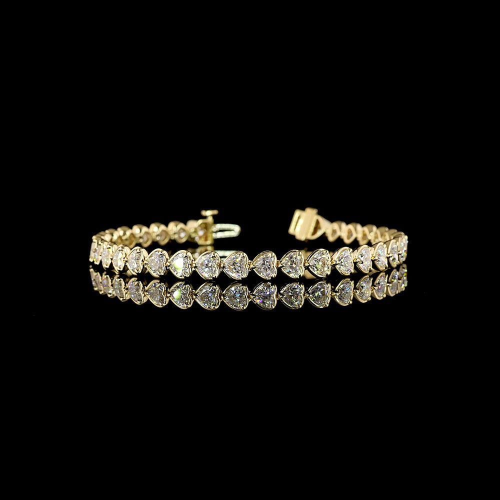 14K Yellow Gold 8.45 Carats Heart-Shape Diamond East-West Tennis Bracelet with Bezel-Prong Setting - 34 Lab Grown Stones, E-F VS1 Clarity - Covaloro Fine Jewelry
