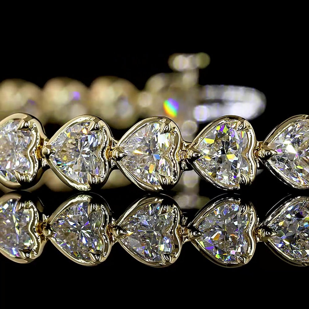 14K Yellow Gold 8.45 Carats Heart-Shape Diamond East-West Tennis Bracelet with Bezel-Prong Setting - 34 Lab Grown Stones, E-F VS1 Clarity - Covaloro Fine Jewelry