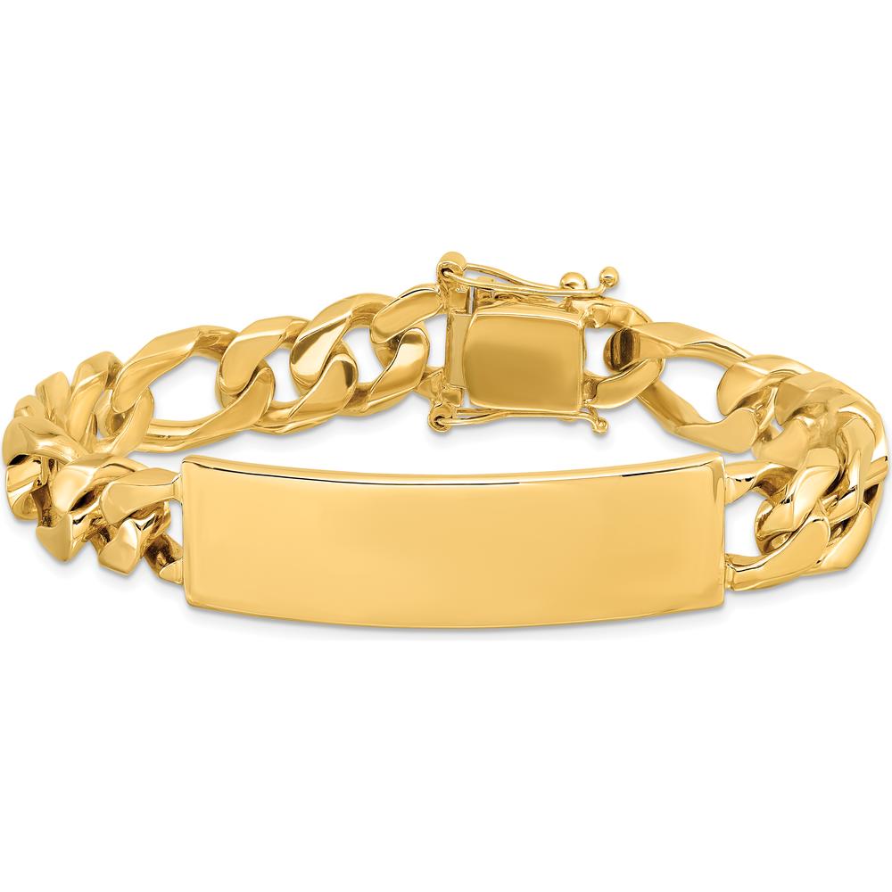 14K Yellow Gold 8.5" Hand-Polished Solid Figaro Link ID Bracelet with Engravable Plate by Oro Pregiato