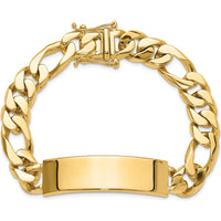 14K Yellow Gold 8.5" Hand-Polished Solid Figaro Link ID Bracelet with Engravable Plate by Oro Pregiato