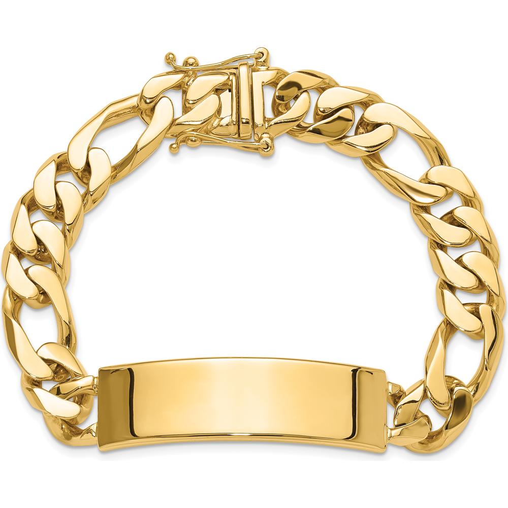 14K Yellow Gold 8.5" Hand-Polished Solid Figaro Link ID Bracelet with Engravable Plate by Oro Pregiato