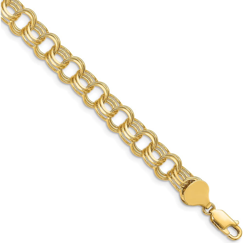 14K Yellow Gold 8.5mm Solid Triple Link Charm Bracelet with Polished Finish - 7" Length by 0