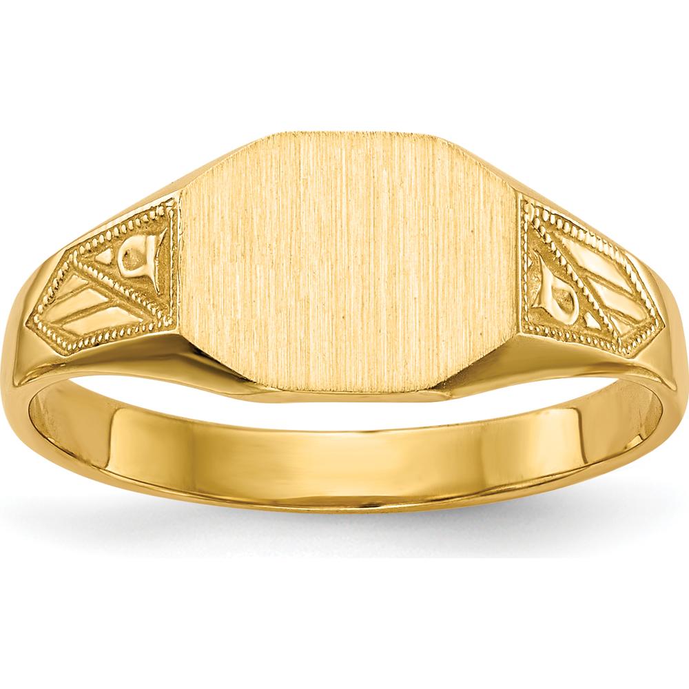 14K Yellow Gold 8.5x7.0mm Engravable Closed Back Signet Ring with Satin Finish and Milgrain Detail by 0