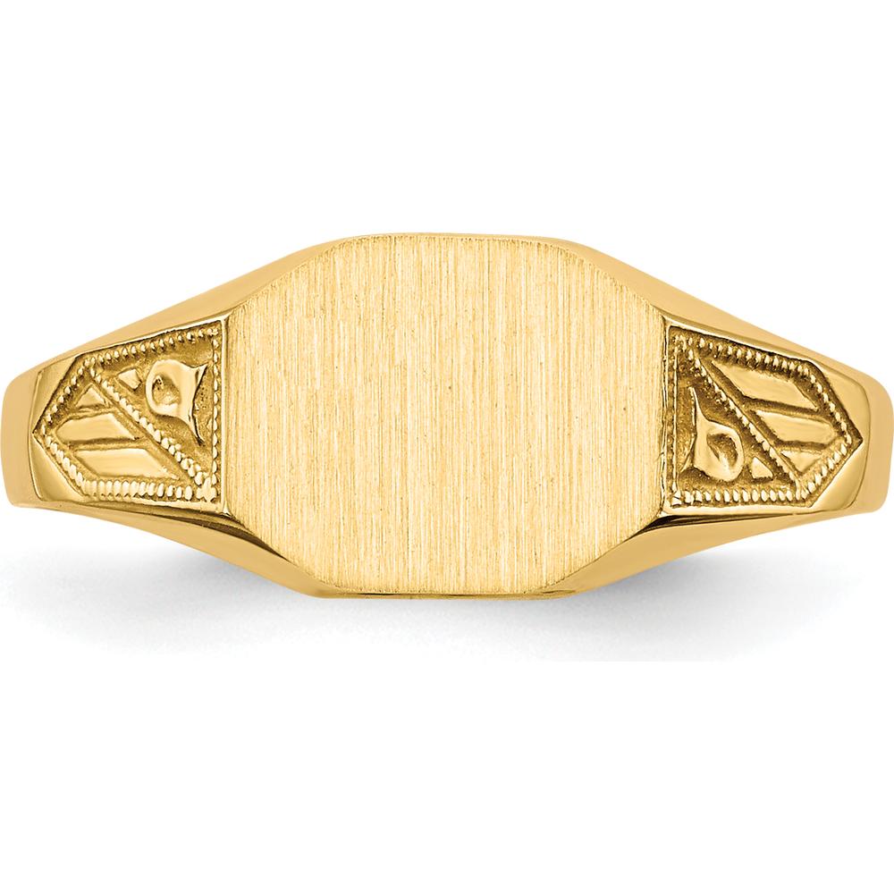 14K Yellow Gold 8.5x7.0mm Engravable Closed Back Signet Ring with Satin Finish and Milgrain Detail by 0