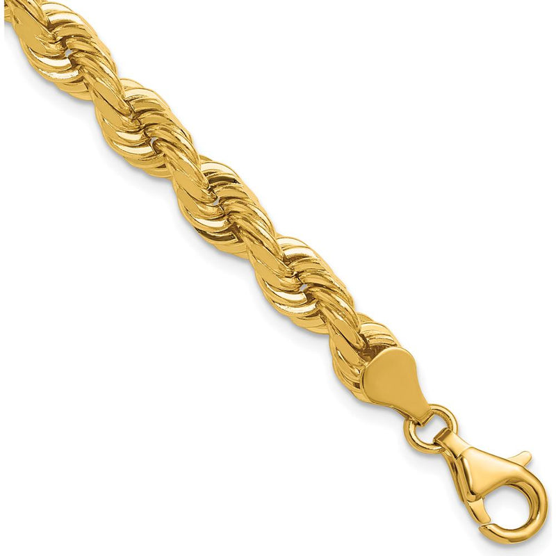 14K Yellow Gold 8" 6.5mm Diamond-cut Rope Chain with Fancy Lobster Clasp