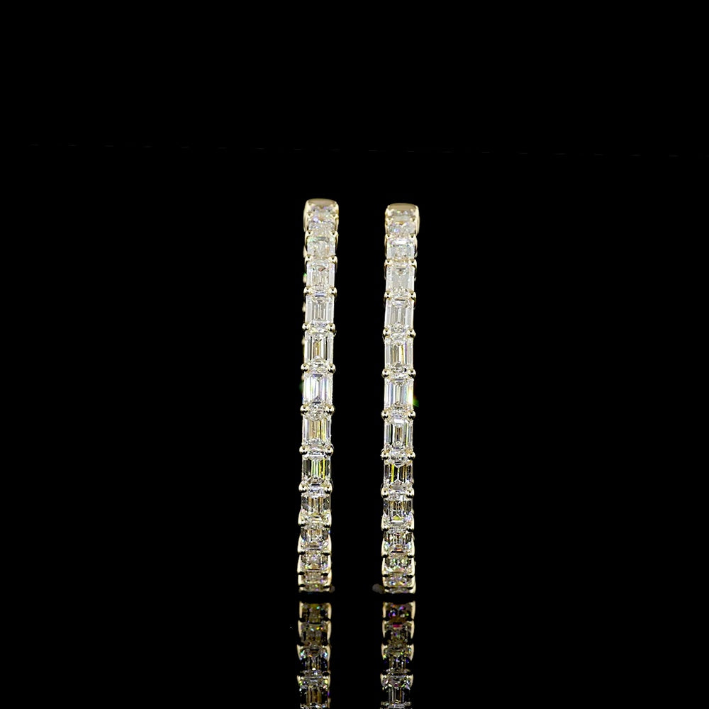14K Yellow Gold 8.64 Carats Total Weight Emerald Cut Lab Diamond East-West Hoop Earrings - 50 Stones, E-F VS2 Clarity - Covaloro Fine Jewelry