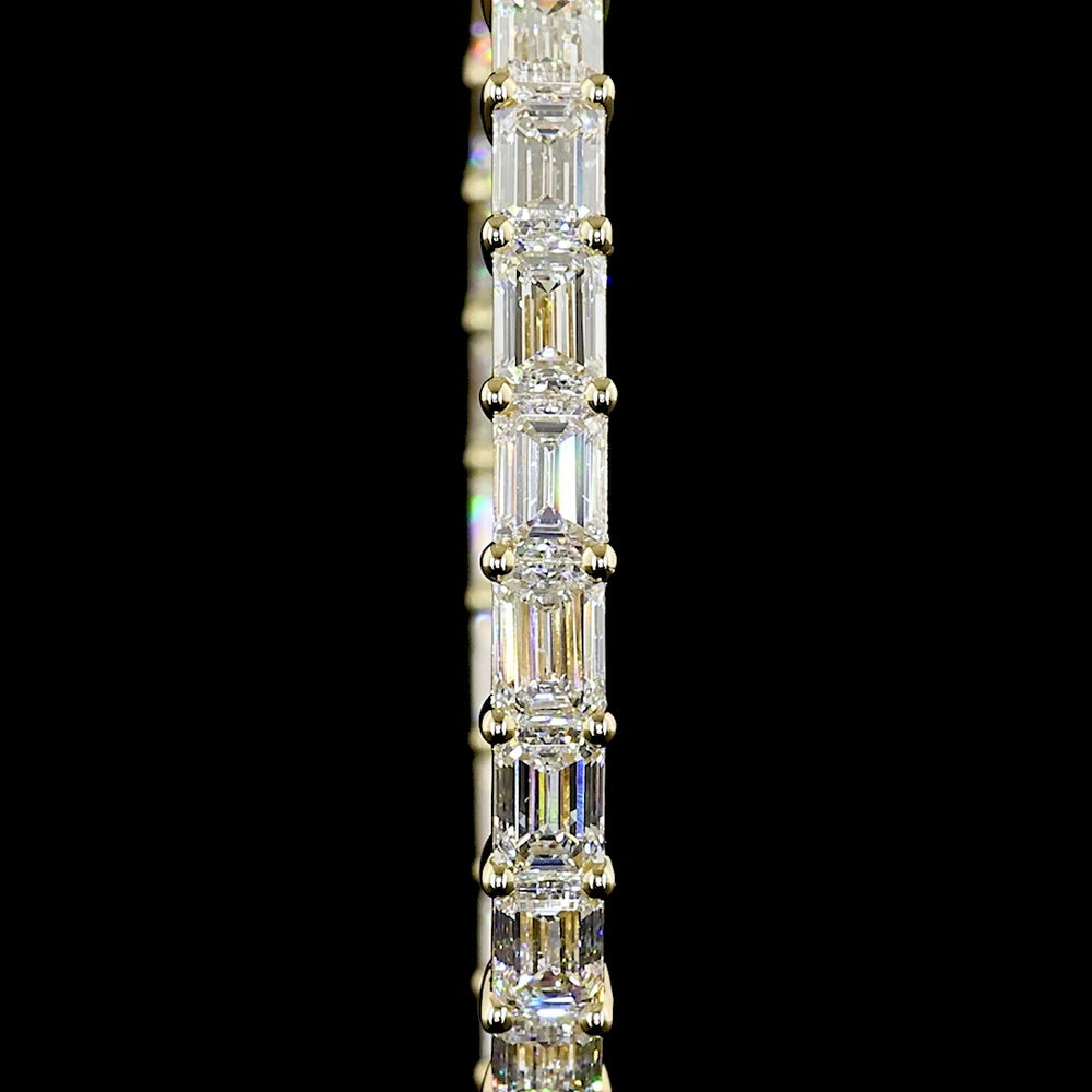 14K Yellow Gold 8.64 Carats Total Weight Emerald Cut Lab Diamond East-West Hoop Earrings - 50 Stones, E-F VS2 Clarity - Covaloro Fine Jewelry