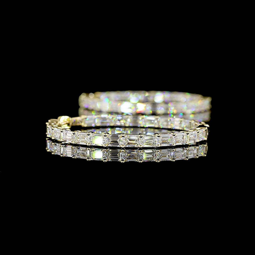 14K Yellow Gold 8.64 Carats Total Weight Emerald Cut Lab Diamond East-West Hoop Earrings - 50 Stones, E-F VS2 Clarity - Covaloro Fine Jewelry